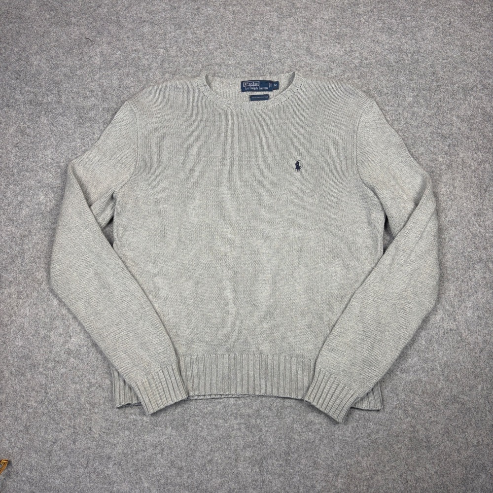 Polo Ralph Lauren Mens Medium Gray Pima Cotton Crewneck Knit Sweater Pony Logo